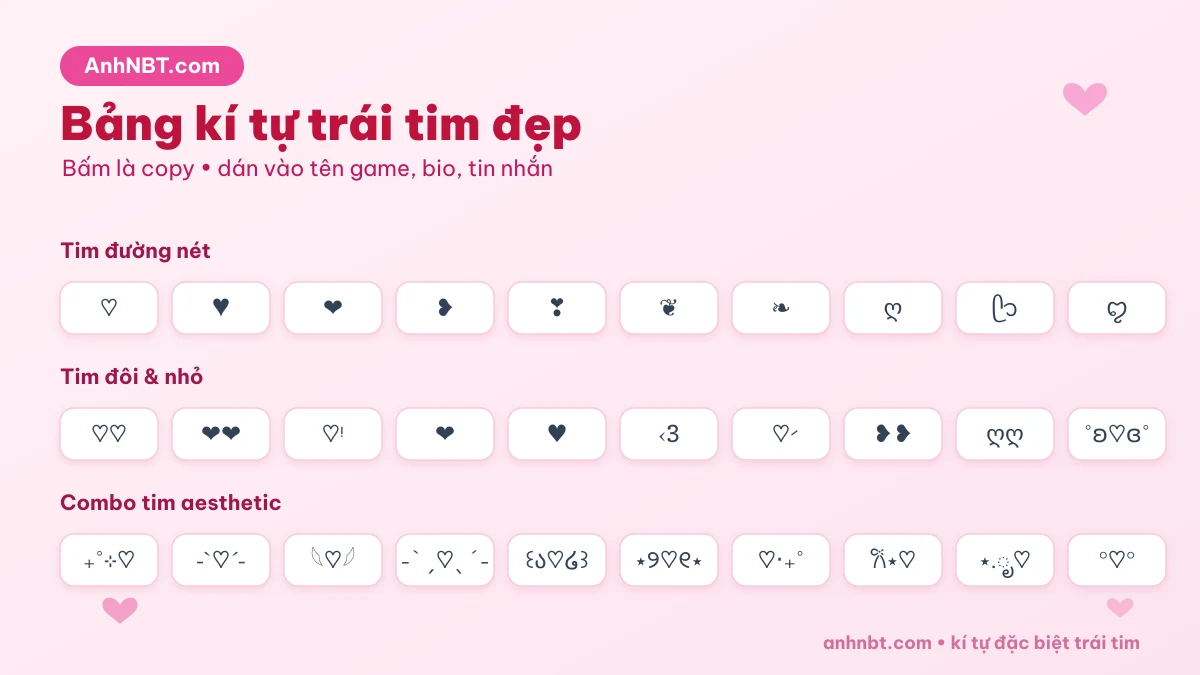 Bảng kí tự trái tim đẹp để copy tạo tên game và bio