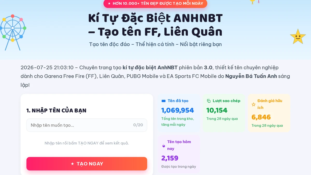 Ảnh chụp giao diện bộ tạo tên AnhNBT sau bản cập nhật V3.0, hiển thị phiên bản 3.0