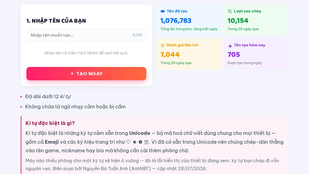 Công cụ tạo tên kí tự đặc biệt AnhNBT bản 3.0 với ô nhập tên và nút TẠO NGAY