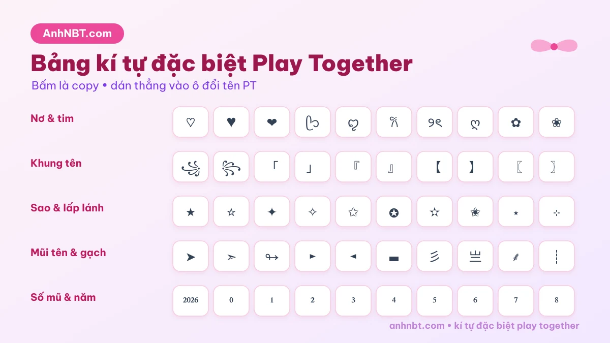 Bảng kí tự đặc biệt Play Together để copy tạo tên PT dễ thương