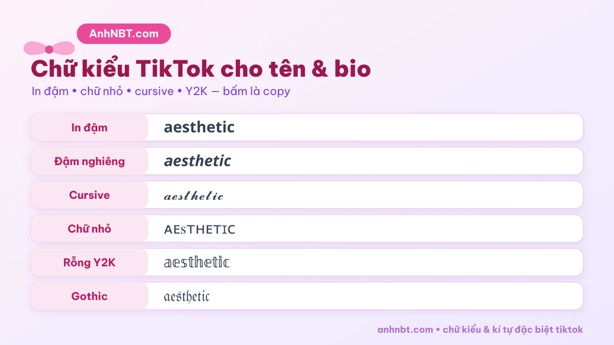 Chữ kiểu và mẫu tên bio TikTok in đậm chữ nhỏ cursive