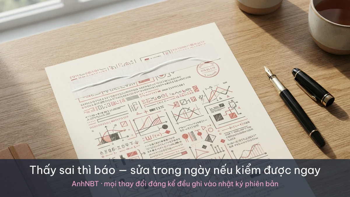 Trang tài liệu in có dải đính chính và dấu đóng ngày, minh hoạ chính sách sửa lỗi của AnhNBT