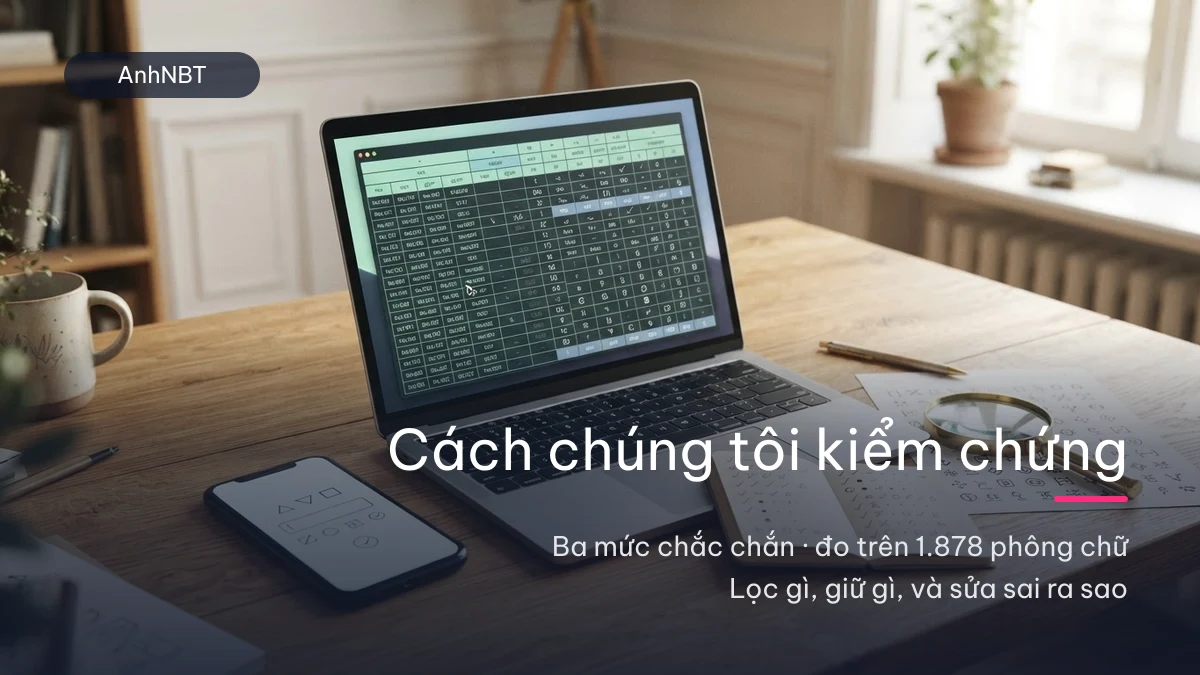 Quy trình kiểm chứng kí tự của AnhNBT: laptop hiện bảng mã ký tự, kính lúp soi bảng glyph